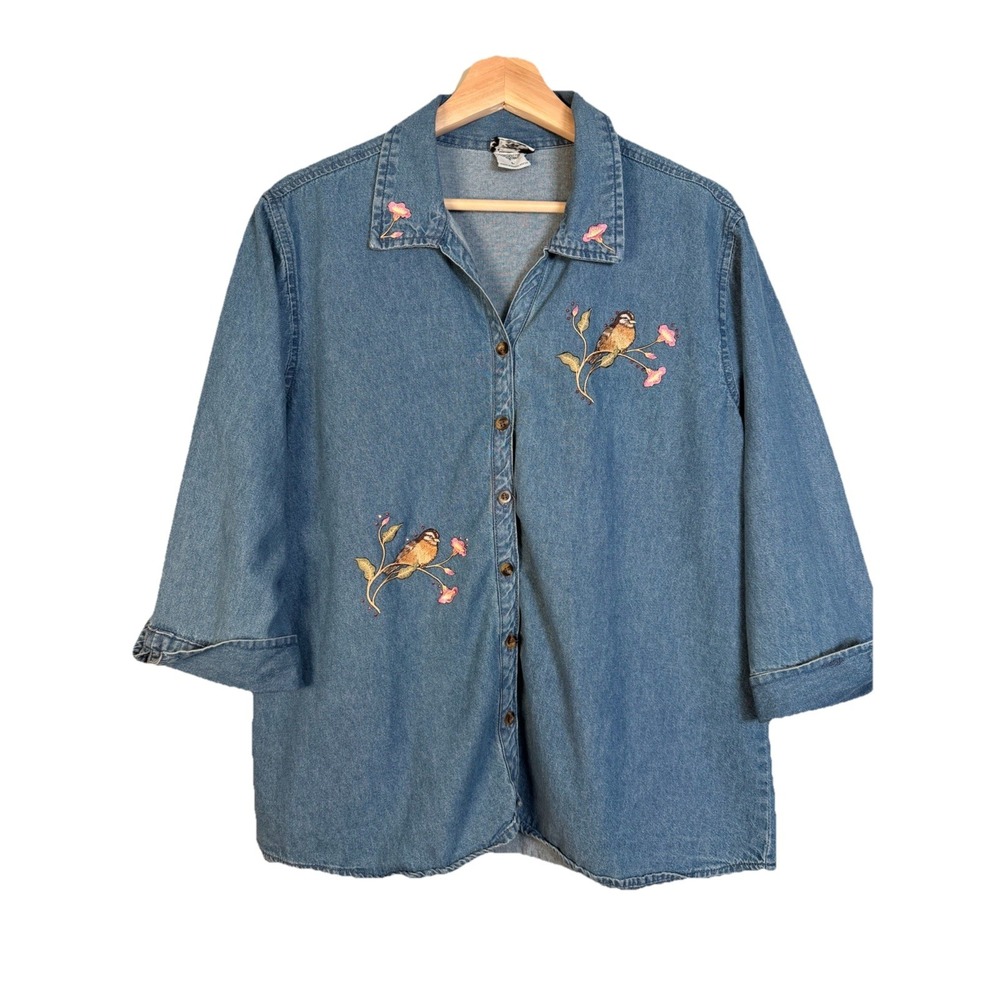 Isaac's Designs Denim Shirt Birds  Women's L Embellished Button-Down Top Cottage